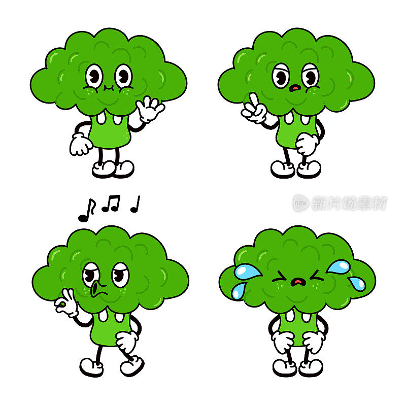 Funny cute broccoli characters bundle set. Vector hand drawn doodle style traditional cartoon vintage, retro character illustration icon design. Isolated white background. Happy broccoli mascot